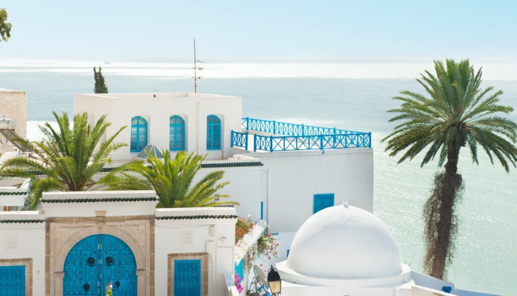 les maisons blanches et bleues en Tunisie